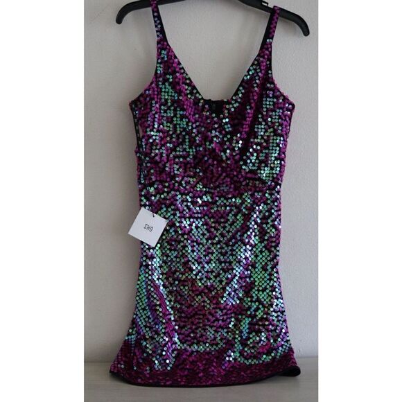 SHO x Tadashi Shoji Sz Medium Hot Pink Sequin Surplice Neck Body-Con Dress - Picture 4 of 16